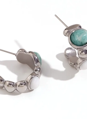 欧美小众法式复古爆款手镯女不锈钢椭圆天河石白玉撞色戒指耳环