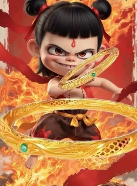 哪吒手链乾坤圈手串仿红玛瑙金箔琉璃转运珠手串平安扣纳福男女