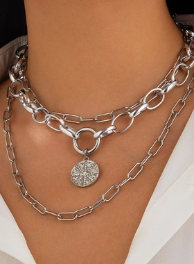 欧美嘻哈风镶钻吊牌五叶花项链 个性金属链条弹簧扣锁骨项饰