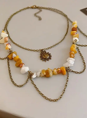 树叶珍珠绿东陵石项链民族风夸张锁骨链小众复古国潮项饰