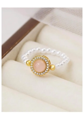 2025新款粉石戒指小红薯爆款高颜值珍珠弹力戒指小众设计