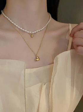 法式复古爱心圆珠珍珠项链两件套小众设计感锁骨链时尚气质项饰女