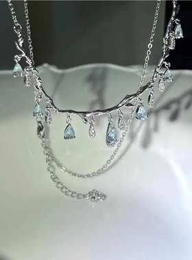 手捧星星 沁蓝湖影 微镶蓝色水滴锆石项链轻奢设计感小众闪亮
