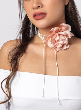 欧美饰品复古抽拉布艺花朵项圈简约蜡线丝带流苏项链