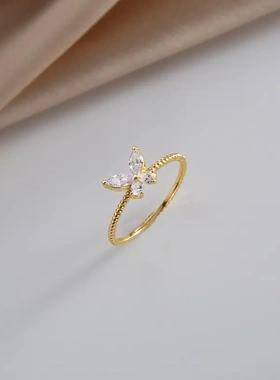 s925纯银镀14k金锆石戒指女小众简约纤细气质日系简约指环ins
