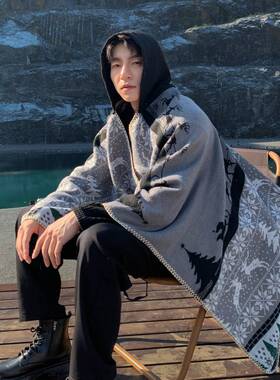 披肩外搭复古休闲百搭圣诞款男带帽斗篷旅游出行加厚保暖披风斗篷
