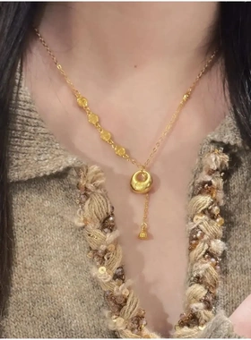 真金电镀福字包包莲蓬项链新中式时尚吊坠锁骨链通勤小众项饰