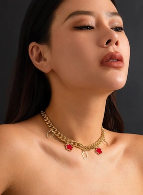 欧美时色五吊坠项链女冷淡风金属铝链条项饰braelet