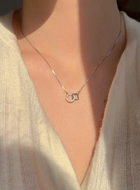 韩版方形圆扣项链女轻奢简约学生镶钻小众设计感锁骨链潮网红个性