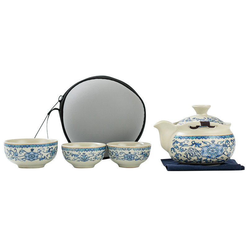 汝窑青花缠枝莲快客旅行套户外便携一壶三杯茶具中式防烫手抓壶,淘宝优惠券,粉丝福利购,淘宝优惠卷
