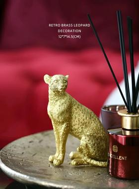 迷屿铜金钱豹子摆件动物装饰品样板房家居饰品玄关电视柜书柜软装