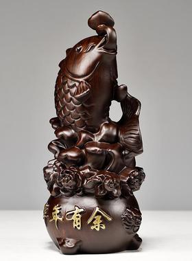 黑檀实木雕刻年年有鱼摆件一对鲤鱼木质家居办公室乔迁送礼装饰品