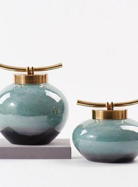 新中式陶瓷储物罐摆件提篮金属提盒样板房书柜客厅玄关装饰品摆件