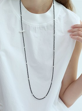 G/S周末美学 小众高级感极简黑晶石珍珠串珠长项链叠戴休闲毛衣链