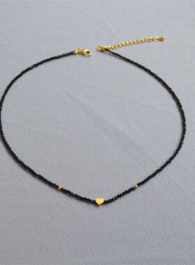 法式气质极简小爱心黑色串珠项链小众个性设计感项链叠带锁骨链女