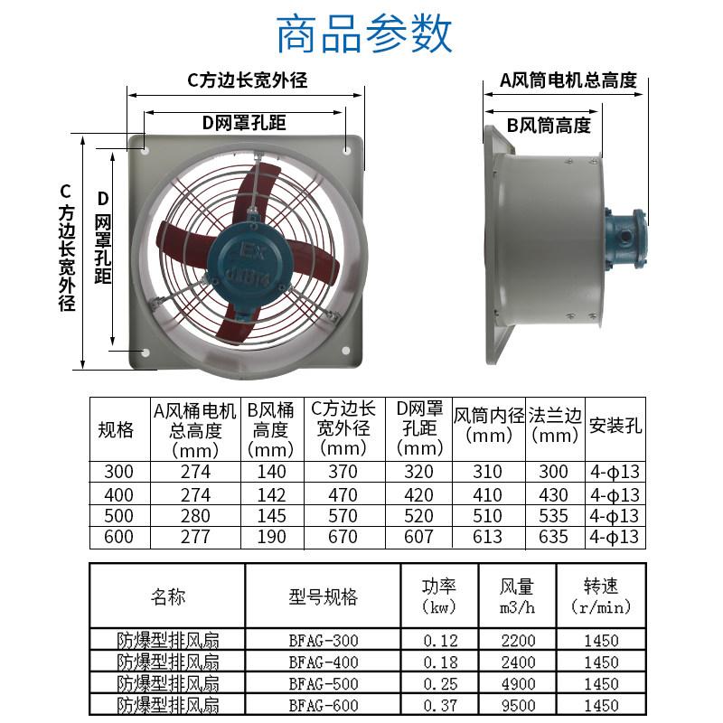 BFAG300/400防爆排风扇220V工业防爆排气扇500/600防爆换气扇380V,淘宝优惠券,粉丝福利购,淘宝优惠卷