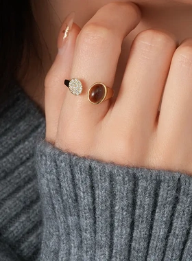 不规则锆石人造虎眼石开口戒指复古美拉德食指戒轻奢高级感手饰女