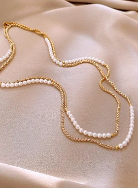 真金电镀双层拼接珍珠项链双层叠戴风锁骨链法式复古气质项饰