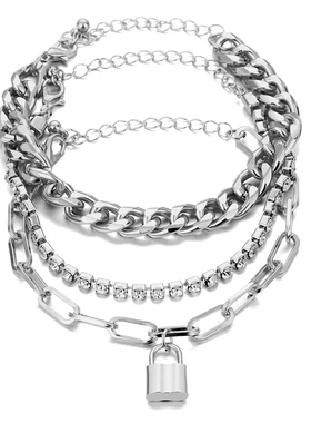 时尚复古锁形混搭链条手链 个性嘻哈粗链爪链钻手饰 欧美饰品