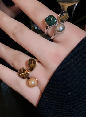真金电镀珍珠方形开口戒指复古时尚气质食指戒高级感百搭手饰