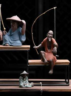 创意人物渔翁微景观姜太公陶瓷茶宠园艺造景垂钓渔公家居装饰摆件