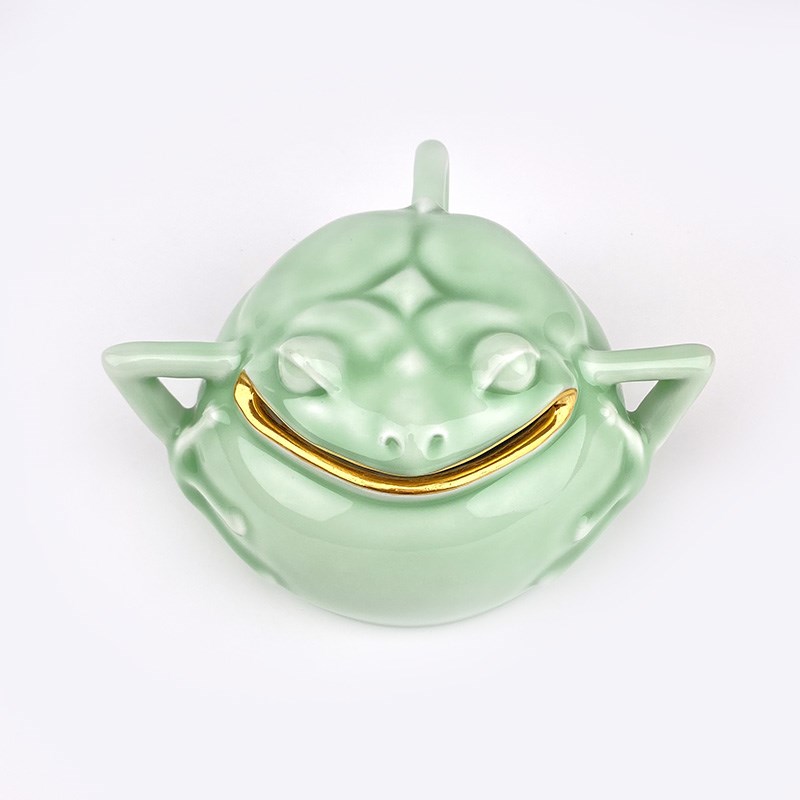 不仁斋薛继业陶瓷雕塑豆青釉本金口三足蟾钱罐扑满护财摆件 - 图2