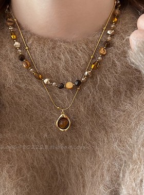 秋冬复古虎眼石款天然石串珠项链套装女轻奢时尚锁骨链气质毛衣链