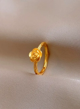 24k真金电镀沙金色玫瑰花朵戒指女轻奢高级感食指戒新中式手饰女