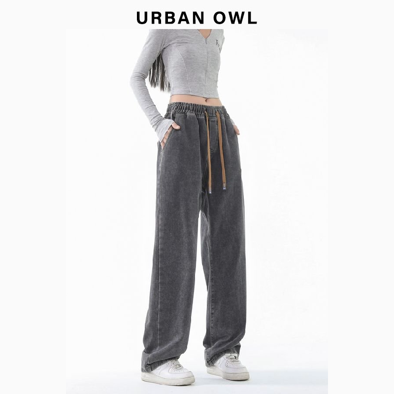 URBAN OWL褶皱阔腿牛仔裤宽松直筒春夏高腰垂感打折软糯休闲拖地
