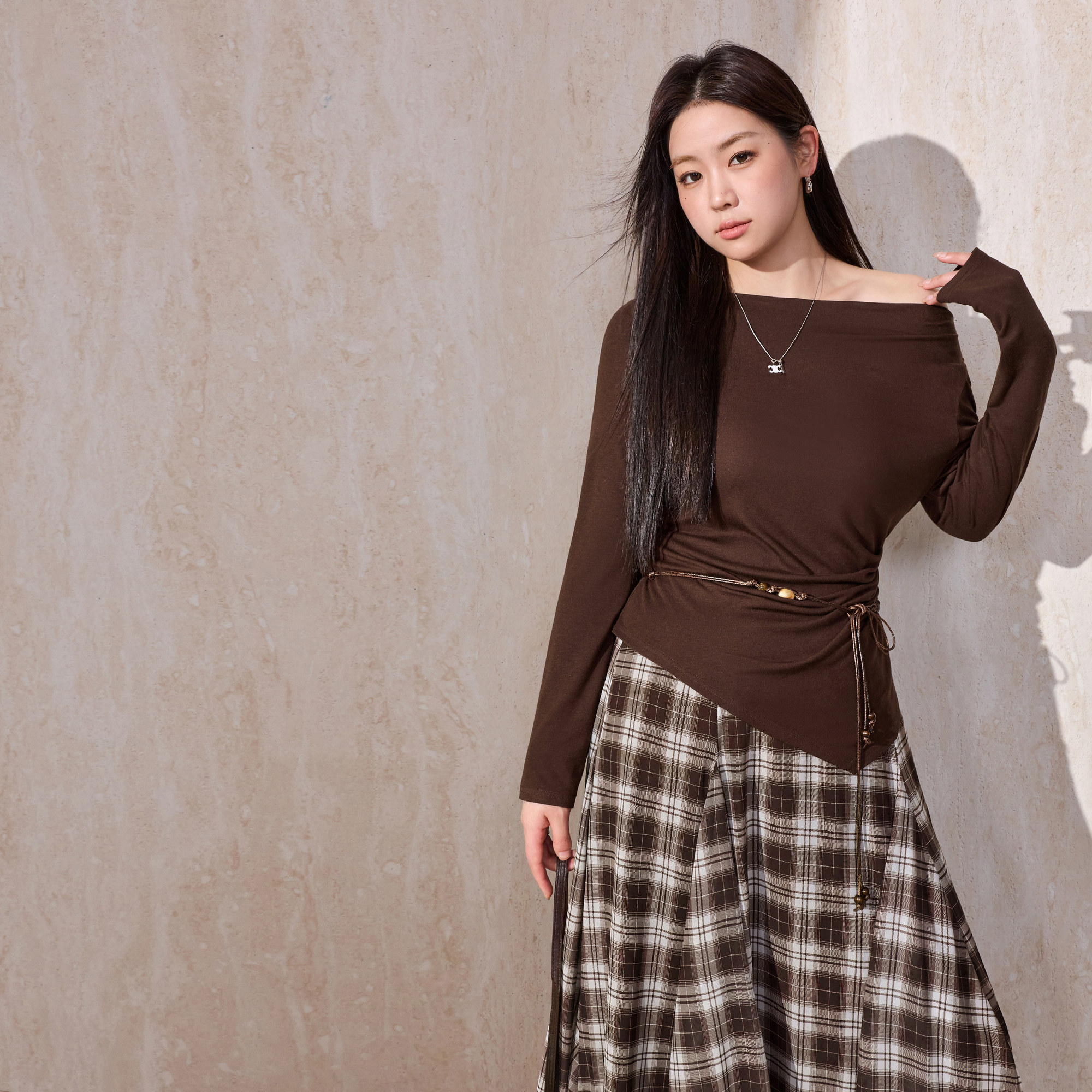 蓝语大码女装2026春新款宽松斜肩两穿长袖T恤复古格纹半身裙套装,淘宝优惠券,粉丝福利购,淘宝优惠卷