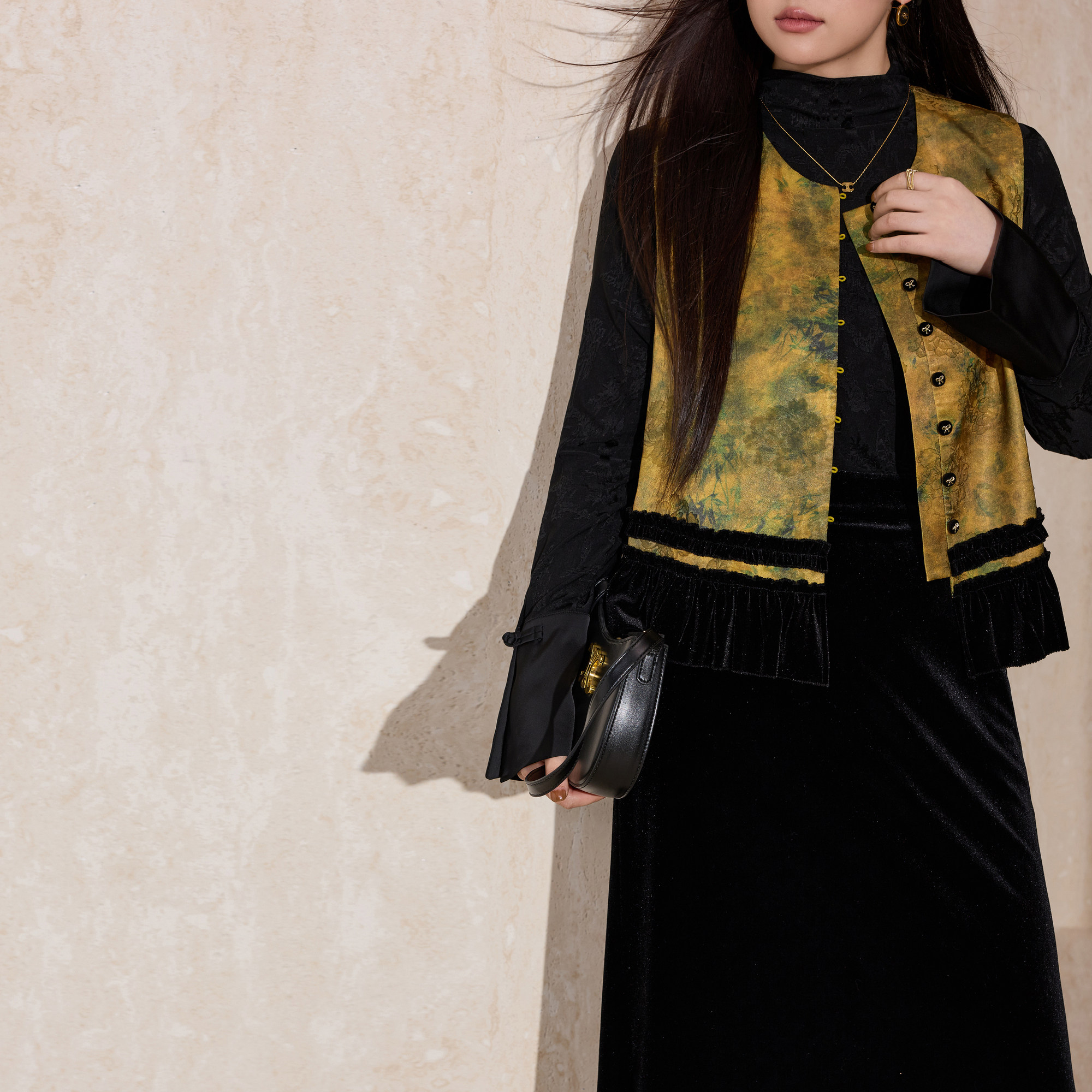 蓝语大码新中式国风精致拼接马甲提花半高领打底衫鱼尾半身裙套装,淘宝优惠券,粉丝福利购,淘宝优惠卷