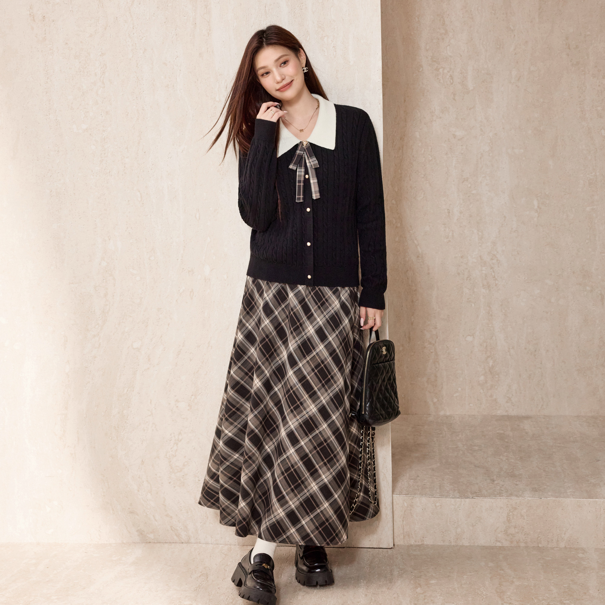 蓝语大码女装撞色翻领蝴蝶结针织开衫毛衣复古格纹显瘦半身裙套装,淘宝优惠券,粉丝福利购,淘宝优惠卷