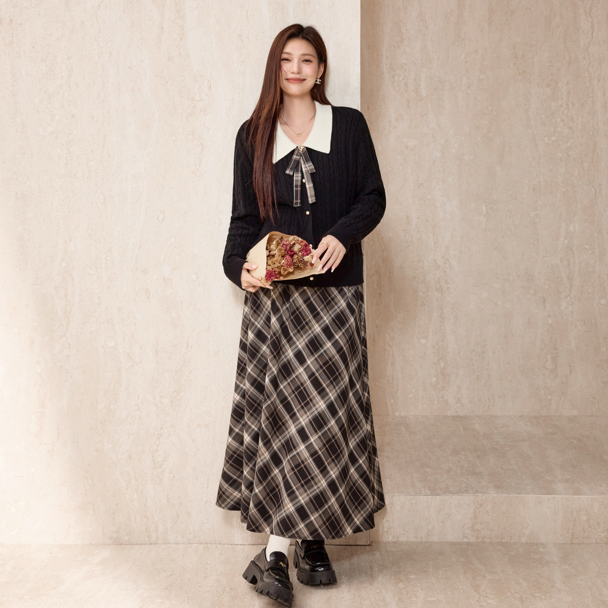 蓝语大码女装撞色翻领蝴蝶结针织开衫毛衣复古格纹显瘦半身裙套装,淘宝优惠券,粉丝福利购,淘宝优惠卷