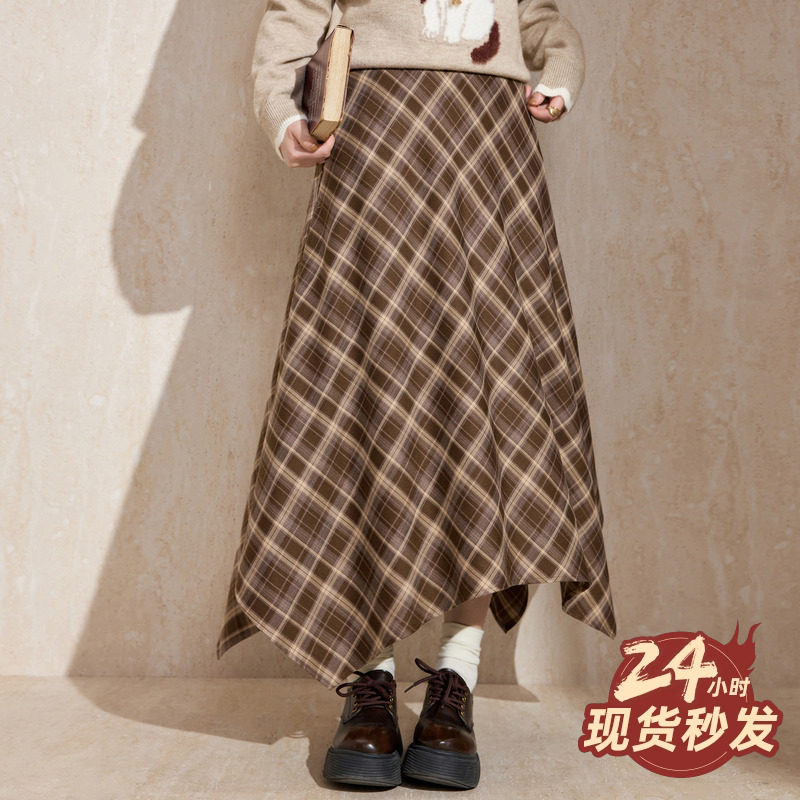 蓝语大码女装复古美拉德咖格纹半身裙2026春季新品不规则显瘦长裙,淘宝优惠券,粉丝福利购,淘宝优惠卷