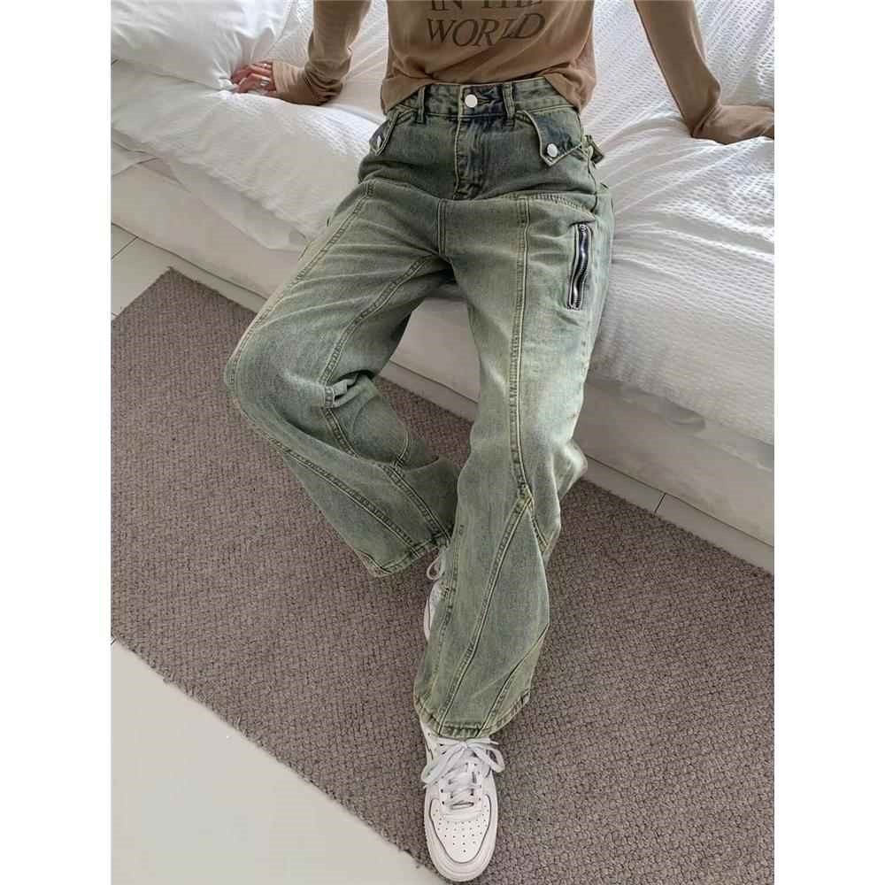 美式高街复古水洗宽松直筒工装牛仔裤大码女装高腰阔腿长裤显瘦潮,淘宝优惠券,粉丝福利购,淘宝优惠卷