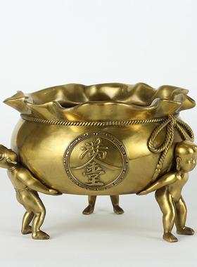 纯黄铜金玉满堂聚宝盆摆件新中式家居办公室桌面礼堂供奉装饰用品