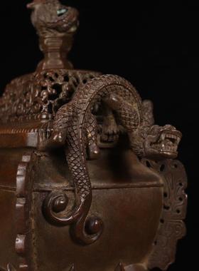 香炉摆件紫铜色香炉大号龙耳龙钮四足方熏炉盘香炉檀香线香炉