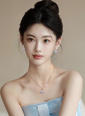 渐层蓝色鱼尾项链女珍珠款素链夏日海边度假风配饰百搭新款锁骨链