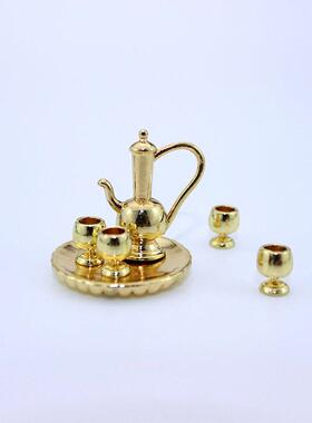 DOLLHOUSE微缩食玩场景模型娃娃屋配件金色茶杯茶壶 迷你圆盘茶具