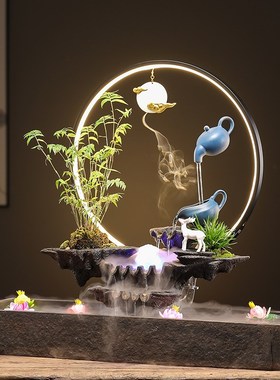 新中式招财循环流水摆件创意陶瓷悬壶鱼缸办公室家居桌面装饰礼品