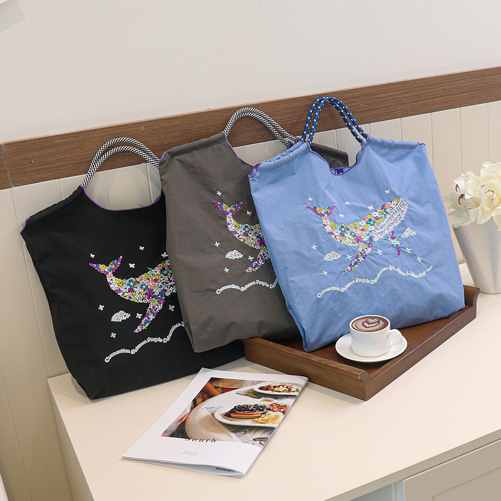 新款小众百搭ballchain刺绣环保尼龙单肩购物袋手提大容量斜挎包,淘宝优惠券,粉丝福利购,淘宝优惠卷