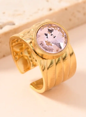 欧美热卖钛钢戒指女轻奢宫廷风油压彩色宝石戒指百搭个性开口指环