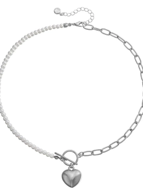 欧美饰品 潮流简约小号仿珍珠拼接链项饰女 几何爱心吊坠项链