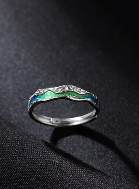 s925极光情侣戒指绿色滴釉银河小众设计感男女对戒礼物一对