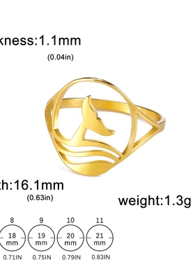 欧美热销简约不锈钢鲸鱼尾戒指镀18k金个性创意钛钢闭口情侣指环