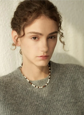 2023新款休闲时尚虎眼石串珠珍珠项链女天然淡水巴珍珠锁骨链