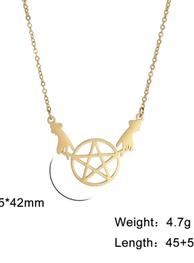 个性设计感直供国外畅销百搭双手圆环镂空五角星吊坠不锈钢项链