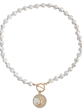 欧美饰品 ins金属风铝链月牙镶钻边圈白色水流纹贝吊坠项链女