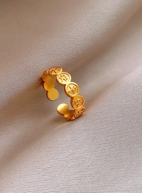 真金电镀古法金开口戒指新中式平安喜乐食指戒高级感国潮复古手饰