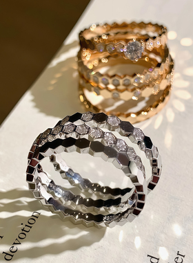 韩秀娜小众设计蜂巢排钻戒指女轻奢蜂窝纹多层高级感时尚素圈指环